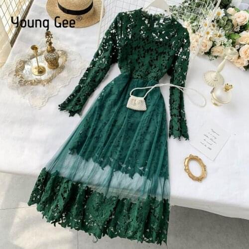 Young Gee Spring Autumn Sexy Lace Patchwork Slim Bodycon Dress Women Hollow Out Sexy Mesh Office Ladies Work Dresses Vestidos