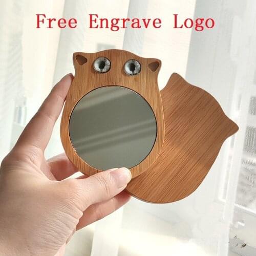 100Pcs Free Engrave Logo Bamboo Portable Make Up Mirror Cute Owl Mirror Small Fresh Student Mini Make-up Mirror Creative Gift