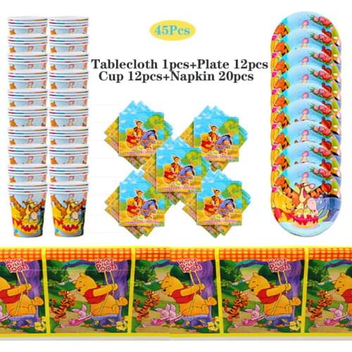45Pcs Winnie the Pooh Sets Kids Birthday Party Decorations Paper Plates Cups Napkins Disposable Tableware Baby Shower Supplies