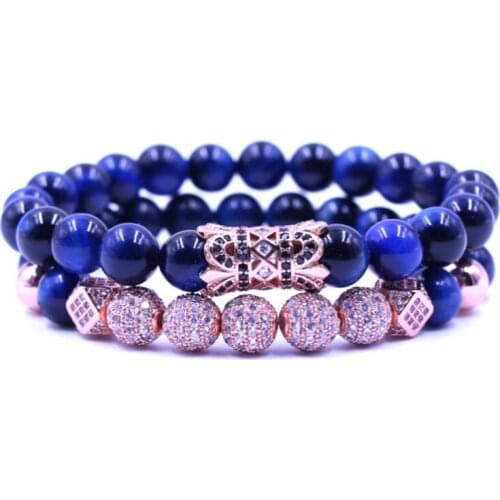 8mm 2PCS/Set rose gold rtfg43 elastic adjusted nature lapis lazuli micro pave cz zircon cubic zirconia tube Bracelet Jewelry