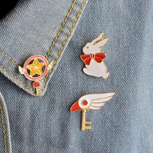 Rabbit Bird Head Wing Star stick Magic Wand Key Bowknot Brooch For Women Men Hat Sweater Jacket Collar Pins Badge Anime Jewelry
