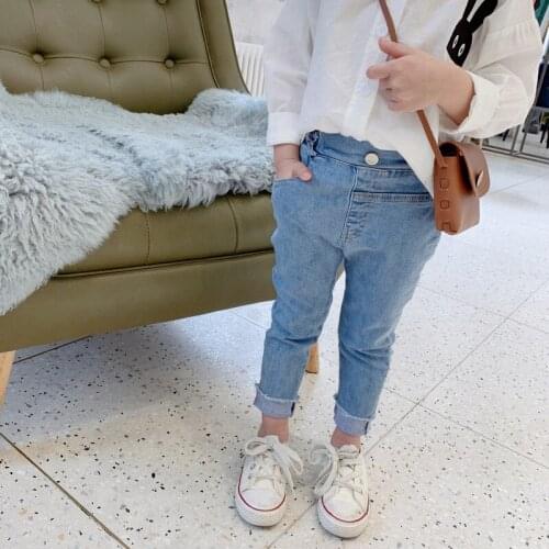 Toddler Girl Trousers 2021 Spring New Kids Casual Solid Denim Pants Korean Elastic Waist Slim Jeans Pants for Girls Baby Clothes