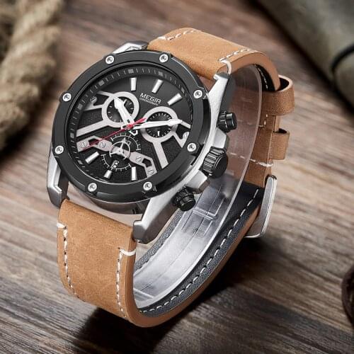 MEGIR New Fashion Mens Watches Top Brand Luxury Big Dial Military Quartz Watch Leather Waterproof Sport Chronograph Watch Men