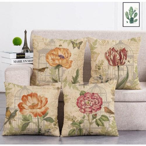 Retro Flower Butterfly Cushion Cover Nordic Color Home Decoration Sofa Pillowcase Flower Hummingbird Linen Pillowcase T287