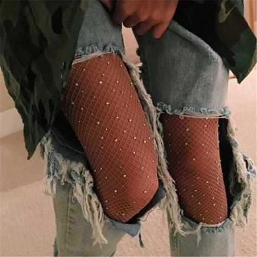 Sexy Women High Waist Tight Shiny Rhinestone Mesh Fishnet Stockings Fashion Bling Women Lingerie Stockings