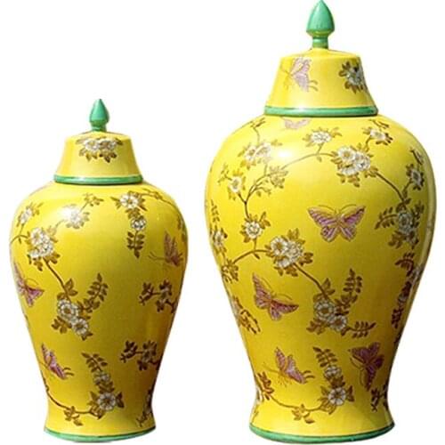 Jingdezhen Ceramic temple jar Butterfly pattern With Cover Storage POT Two Sets porcelain Ginger jar yellow