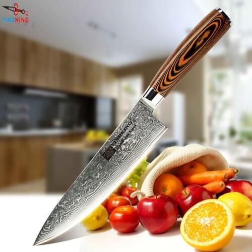 FINDKING 2017 new damascus steel blade color wood handle 8 inch damascus knife chef knife 71 layers damascus kitchen knife