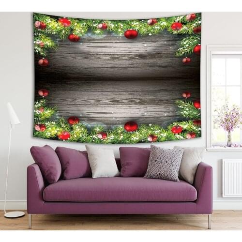 Tapestry Christmas Decoration Green Fir Branches and Red Balls on Wooden Background Wintertime Fun Art Print