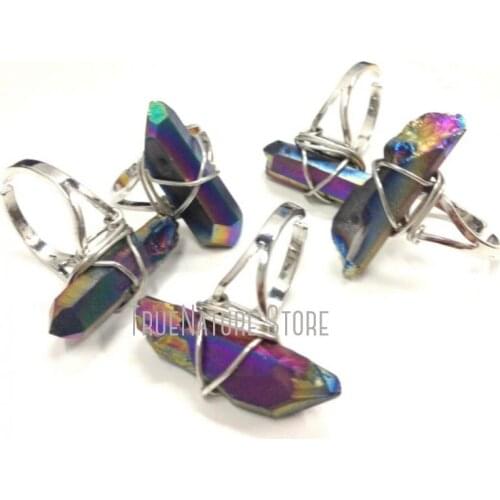 5Pcs RM12178 Titanium Jewelry Ring Jewelry Wire Wrapped Pillar Faceted Titanium Rainbow Plated Silver Plated Clear Crystal Ring