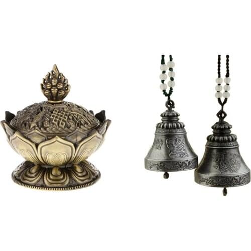 Lotus Incense Smoke Cone Aroma Burner Stove Backflow Censer With 2Pcs Chinese Vintage Dragon Phoenix Wind Chime Bell