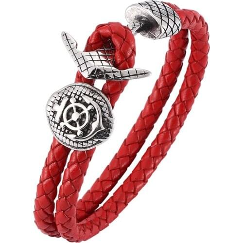 Red Genuine Leather Men & Women Bracelets Bangles Stainless steel Compass Shield Anchor Charm Bracelet Jewelry SP0178