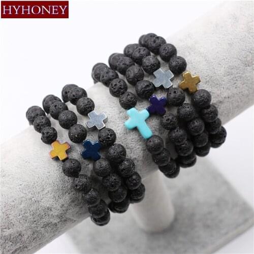 Hot selling Natural Stone Black Lava Beads Bracelet For Women Men 7colors Cross Bracelet Energy Yoga Mala Pulseras Wholesale