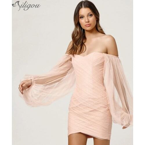 Ailigou Lantern Sleeve Mini Dress Ladies Drape Sexy Off Shoulder Party Club Costume 2021 Fashion Ladies French Romance Vestidos