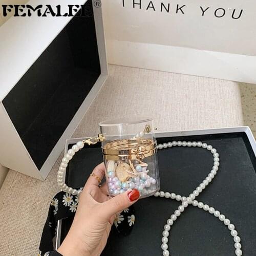 Mini Transparent Pearl Chains Handbag Female New Ins Fashion PVC Clear Bucket Tote Bag Women Acrylic Messenger Bag Coin Purse