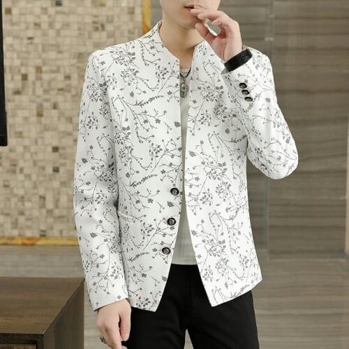 2021 Mens Stand Collar Printed Casual blazer Youth Fashion Spring and Autumn Handsome Three Button blazer