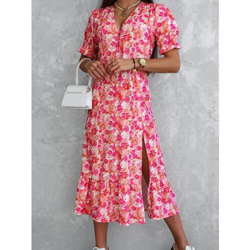 Women Floral Print V Neck Side Slit Party Dress Spring Summer Short Sleeve Elegant Ladies Sexy Elastic Waist Slim Dress Vestidos