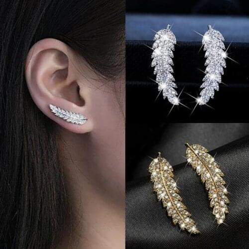 Luxury Elegant Feather Angel Wings Silver Stud Earring for Female Cubic Zirconia Crystal Party Wedding Earrings