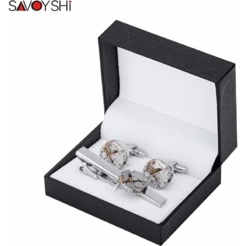 SAVOYSHI Punk Mechanical Watch Movement High Quality Mens Cufflinks Tie Clips Set Necktie Pin Tie Bars Clip Clasp Dropshipping