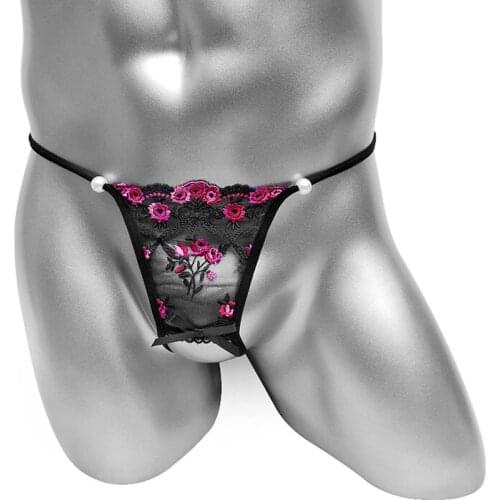 Sexy Mens Lingerie Floral Embroidery Open Crotch Sissy Panties With Bow Thong Erotic Gay Male Bikini Unerpants