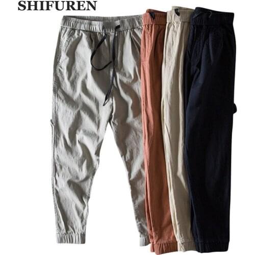 SHIFUREN Cotton Pants Men Elastic Waist Joggers Trousers Breathable Causal Male Pants Ankle-Length Loose Style 4 Colors