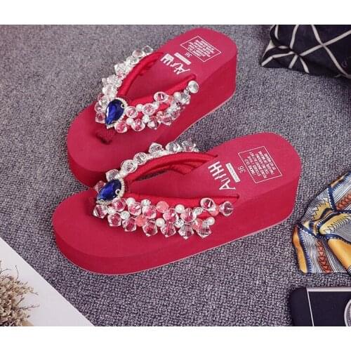 Luxury Big diamond sandals slippers shiny rhinestones flip flops women holidays beach shoes wedge platform sandal women