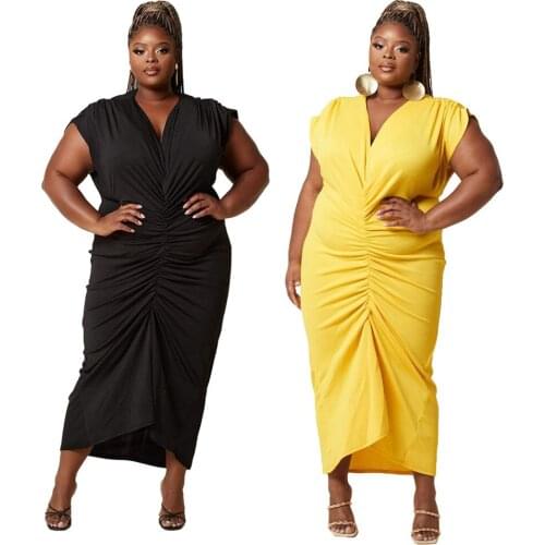 XL-4XL 2021 fashion summer plus size dress women clothing casual elegant solid black Pleated dresses Wholesale Dropshipping