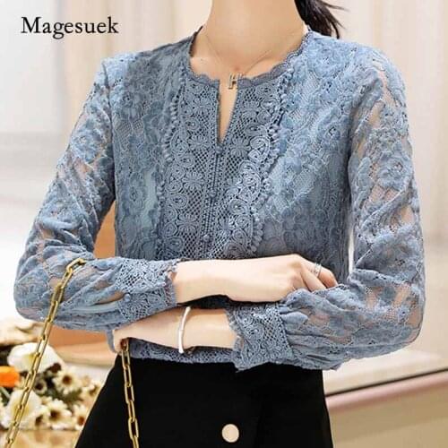 2020 New Autumn Women Office Long Sleeve Floral Pullover Blouse Blue Lace Bottom Shirt Women Korean Plus Size Ladies Tops 10357