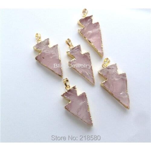 SP-012 Rose Pink Quartz Pendant, Pink Arrowhead Quartz Charm Pendant Edged in Gold
