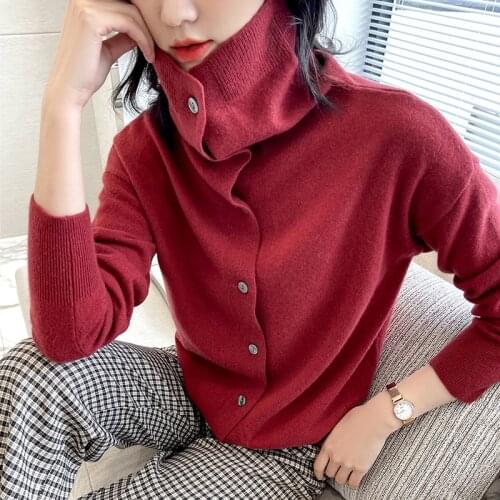 Ladies Cardigan 2021 Fall Winter New 100% Wool Turtleneck Sweater Casual Pure Color Cashmere Sweater Plus Size Womens Top hot