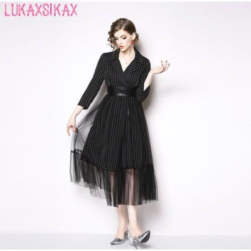 New Spring Autumn Women Slim Long Dress High Quality Elegant Notched Collar Vertical Stripes Mesh Patchwork Black Office Dress
