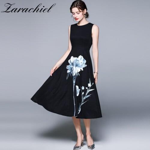 Vintage Sleeveless O Neck Tank Flower Print Office Ladies Dresses 2021 Summer Elegant Black High Waist Women Long Dress Vestidos