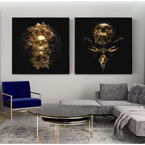 Golden Skull With Black Flower Canvas Wall Painting Poster And Prints Abstract Totem Art Picture For Living Room Home Decoration