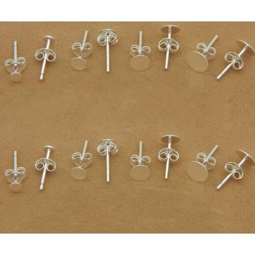 4pcs/set 925 Sterling Silver Blank Earrings Backs Cabochon Settings Round Base Stud Ear Flat Base for Jewelry DIY Components