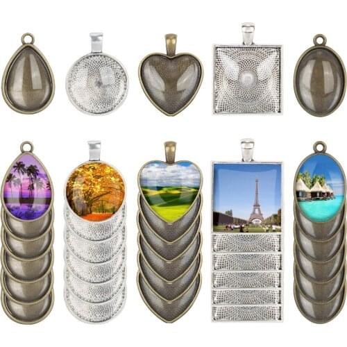 60Pcs 5 Styles Pendant Trays 30pcs Round Square Heart Teardrop 30pcs Glass Cabochon Dome Tile Crafting Jewelry Gift Craft Making