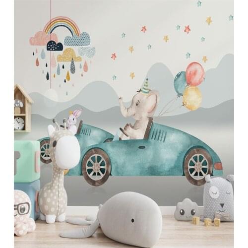 Beibehang Custom Cartoon baby elephant driving sports car mural wallpaper for children room background 3D wall paper Home Decor