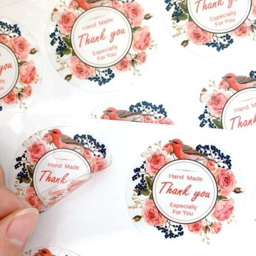 Free shipping 600pcs Transparent waterproof color Thank you bird and flower scent sealing sticker plastic stickers