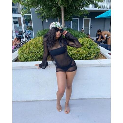 BKLD Black Fishnet Hollow Out Mesh See-through Flare Sleeve O-neck Dress 2021 Summer Beach Style Sexy Bikini Cover Up Mini Dress