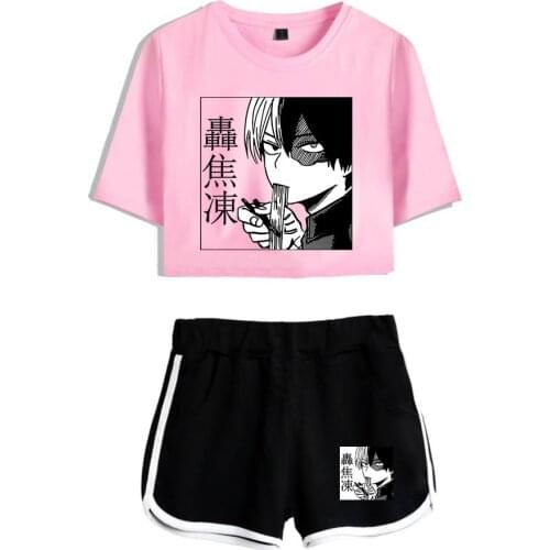 Boku No Hero Academia Tshirt + Short Pants 2 Piece Set Women Crop Top+Shorts Summer Womens Shorts Sets Manga Printed Sportswear