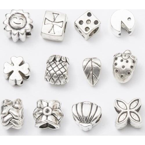 Mix 12Pcs/Lot plant Antique Silver Color DIY Zinc alloy Big Hole Spacer Bead Charm Fits Jewelry making Bracelet js1148
