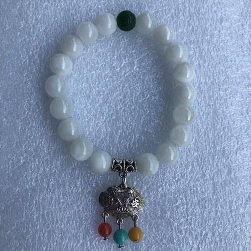 Natural Hetian White Stone 10mm Round Beads With Tibetan Silver Lock Charms Pendant Bracelets Lucky for Women Fashion Jewelry