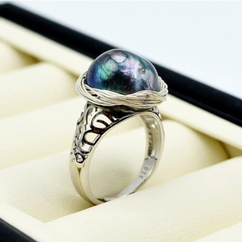 Black Baroque ring, 925 sterling silver, adjustable, black pearl, silver thread, pearl ring