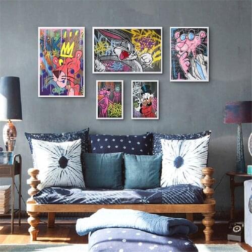 Disney Pink Panther Donald Duck Graffiti Painting Canvas Wall Art Posters Cartoon Graffiti Picture for Living Room Home Decor