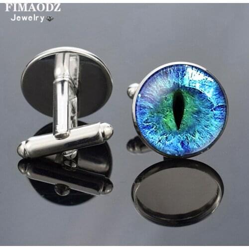 FIMAODZ Punk Dragon Eye Cufflinks Animal Evil Eyes Handmade Glass Cabochon Silver Color Cuff Links Mens Cuff Buttons Gift