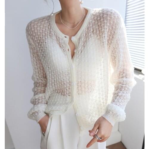 French Gentle Wind Minority Mohair Hook Flower Hollow Breathable Thin Knit Cardigan Sweater 2021 Spring and Summer Women