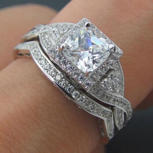 Hot Selling Real 925 Sterling Silver Fine Jewelry CZ Womens Engagement Wedding Ring Set For Gift