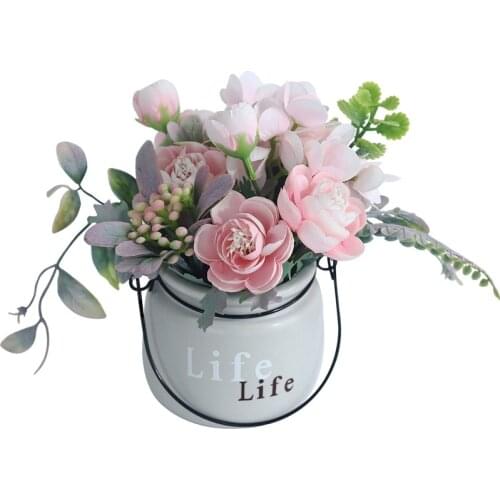 Artificial Rose Flowers with Pot Bonsai Home Decoration Accessories Peony Fake Flowers Set Potted Wedding Garden Decoration