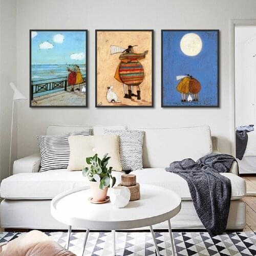 Canvas Painting A Couple With A White Sheep look Sea Romantic Happy Poster For Bedroom Living Room Home Art Wall Decor