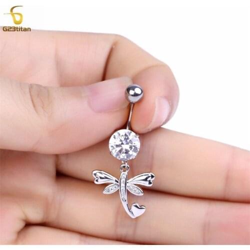G23Titanium 14G Long Wave Crystal Belly Button Ring Love Dragonfly Navel Piercing Romantic Beach Body Piercing Jewelry