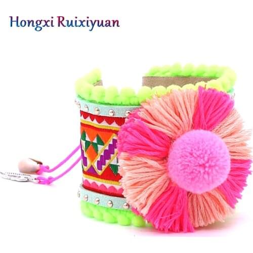 Leather Bangle Handmade Bohemian Flower Shaped Lady Bracelet Shell Activity Knot Embroidery Color Pattern Bracelet Jewelry