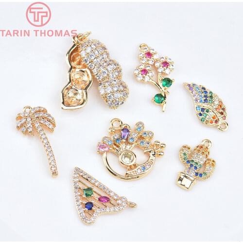 2PCS 14x20MM 24K Gold Color Brass with Zircon Flower Charm Pendants for DIY Jewelry Making Findings Accessories